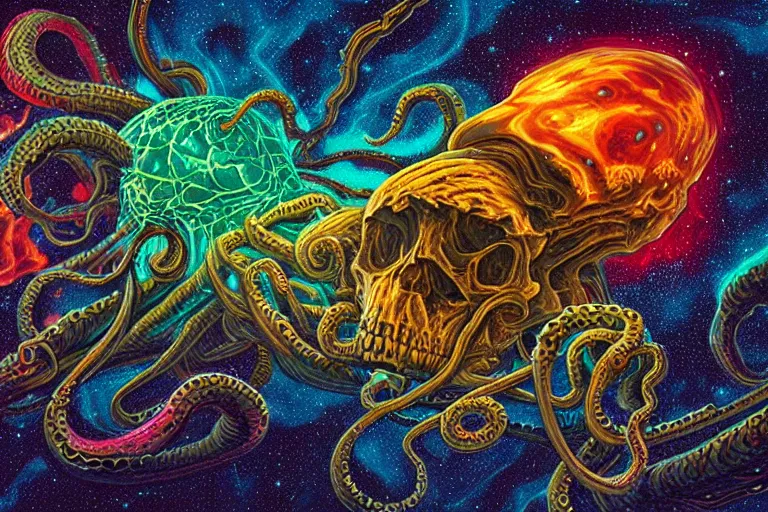 Image similar to a giant skull with lovecraftian tentacles emerging from a space nebula by dan mumford, digital art, photorealistic, vivid colors, highly detailed, intricate