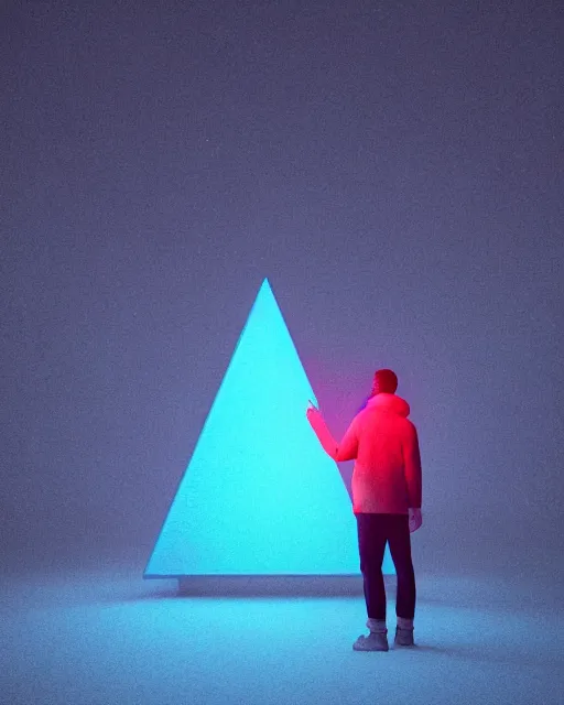 Image similar to a man standing in the middle of a mountain with a glowy neon triangle, a render by filip hodas, behance contest winner, environmental art, rendered in cinema 4 d, volumetric lighting