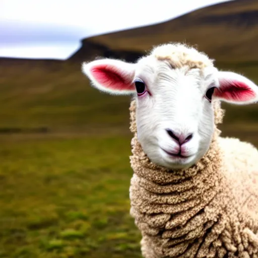 Image similar to lamb wearing a sweater staring at the camera, mid torso up frame, bokeh, iceland hills in the background