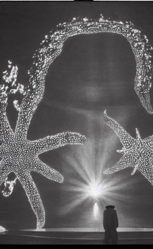 Image similar to light coming out of one starfish - like kaiju anthropomorphic monster, korean film noir by kim jong - il, korean traditional palace, pyongyang city, 1 9 6 0 s, red color bleed, 4 k, video compression, video glitch, monochrome, akira kurosawa, mamoru oshii, wes anderson, stanley kubrick