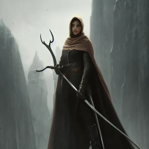 Prompt: portrait of an woman wearing a white cape with a hood and holding an hunter bow, Matte painting , detailed painting, made by Greg Rutkowski, 4k, atmospheric