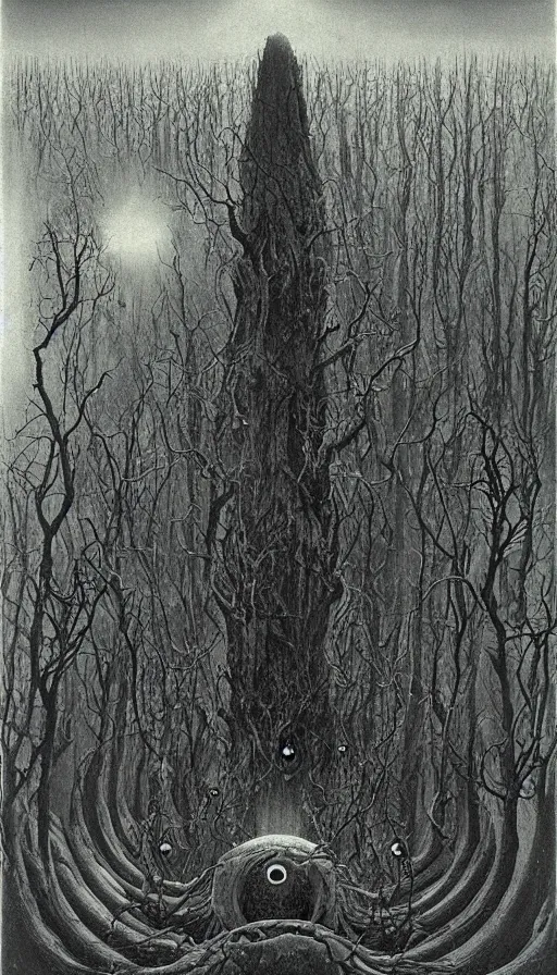 Prompt: a storm vortex made of many demonic eyes and teeth over a forest, by zdzisław beksinski