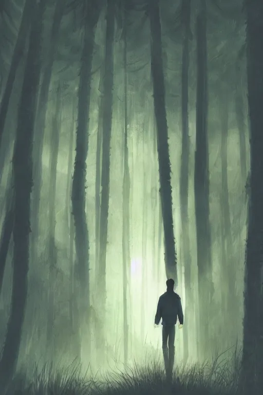 Prompt: concept art painting of a guy with huge white wings standing in a dark forest, moody vibe, moody lighting, sunbeams, artgerm, moebius, inio asano, toon shading, cel shading, calm, tranquil, vaporwave colors,