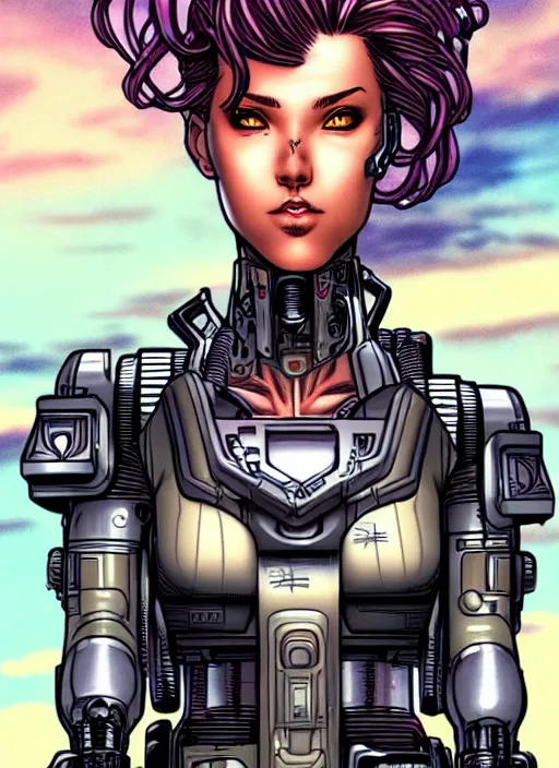 Image similar to a female cyborg soldier in grungy cyberpunk megacity, intricate, cyberpunk, vaporwave, portrait by j scott campbell