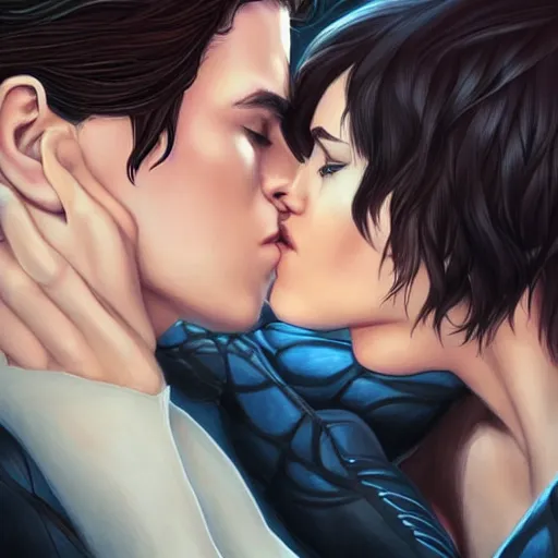 Image similar to emma watson kissing nightwing, realistic, intricate, elegant, art by artgerm and wlop