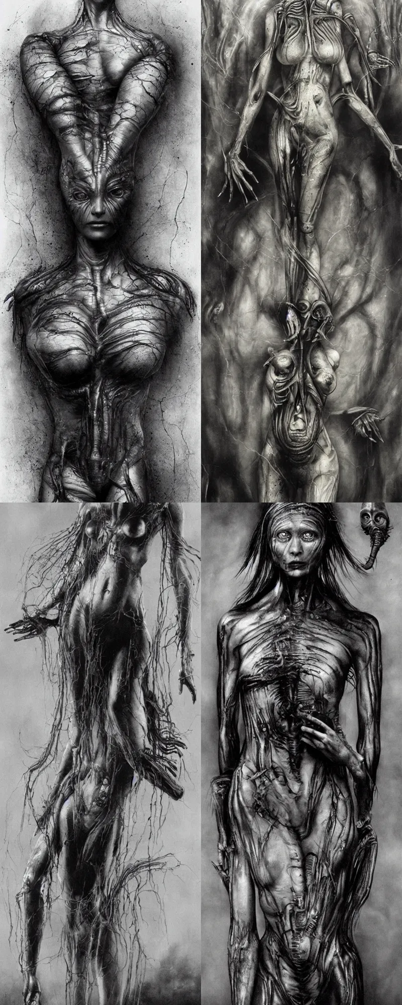 Image similar to of a matte painting of females with transparent skin holding a alien, matte painting, black and white, by hr giger , aliens, giger