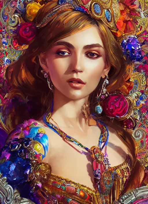 Prompt: an woman in an elaborate and ornate dress lying down on a background of colorful jewels. beautiful highly detailed face. painting by artgerm and greg rutkowski and magali villanueve.