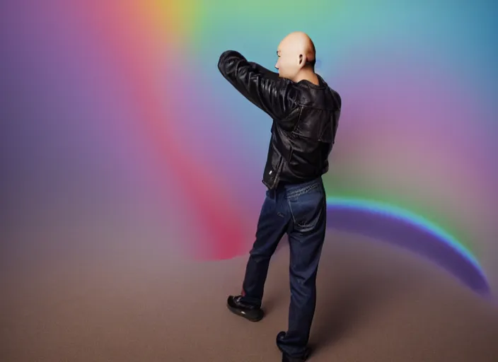 Image similar to japanese man with bald head and beard wearing short denim and leather clothes dancing next to a rainbow, full body portrait, dynamic lighting