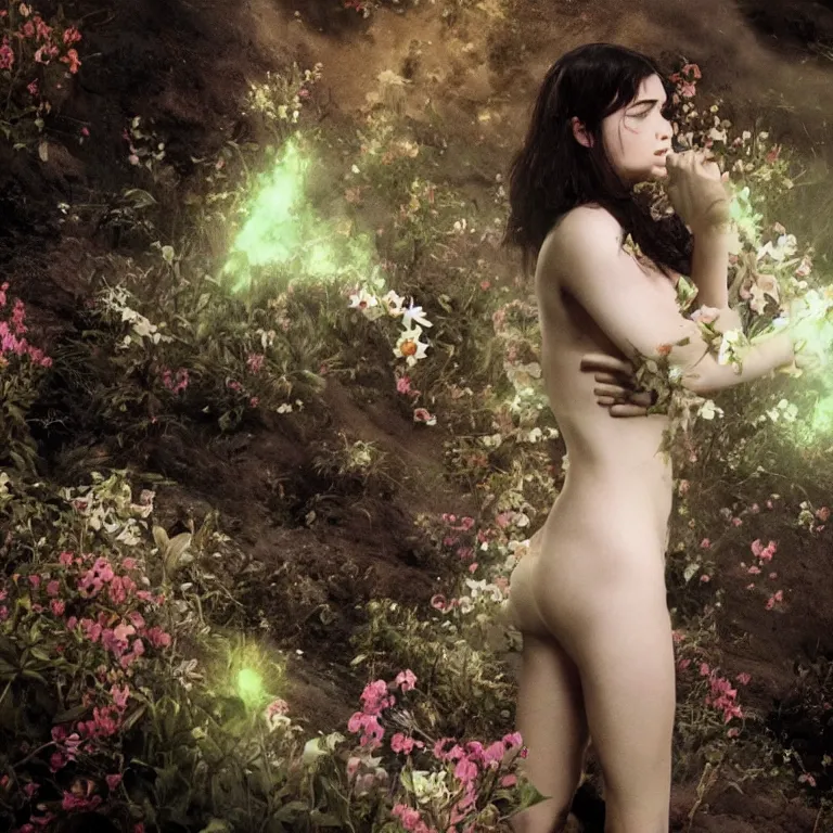 Prompt: The full body shot of beautiful pale woman with many flowers on her skin and full-face black mask with glowing halo, a thick black smoke in rocky desert landscape, glowing eyes, falling star on the background, burning earth by Christopher Doyle, Gaspar Noe, Alejandro Jodorowsky, anamorphic lens, cinematic composition, award winning photo, 8k