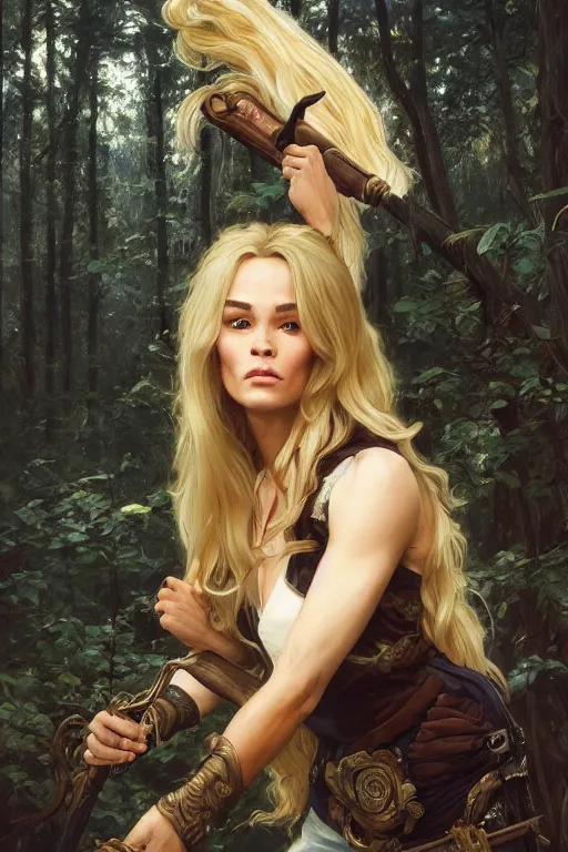 Prompt: beautiful cottagecore jean claude van dam holding nunchuks, blonde Hair, dark forest, intricate, elegant, highly detailed, digital painting, artstation, concept art, smooth, sharp, focus, illustration, art by artgerm and greg rutkowski and alphonse mucha