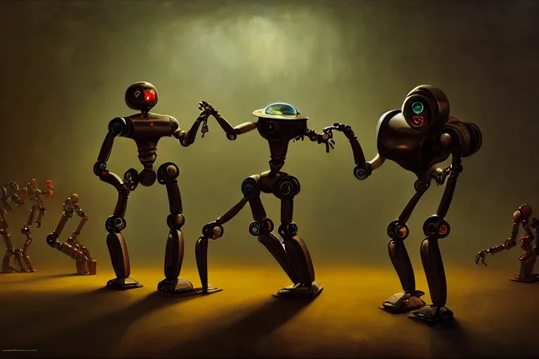 Image similar to robots expressively dancing by otto dix and greg rutkowski and andreas rocha, cinematic lighting, highly detailed, warm colours, 4 k