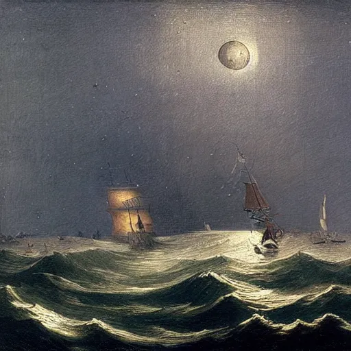 Prompt: british sailing sailing ship at sea, waves, wind, midnight, midnight, stars,, moon by jan van goyen