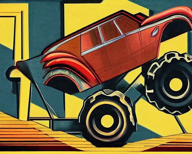 Prompt: A monster truck runs over a man, Art Deco style, geometry