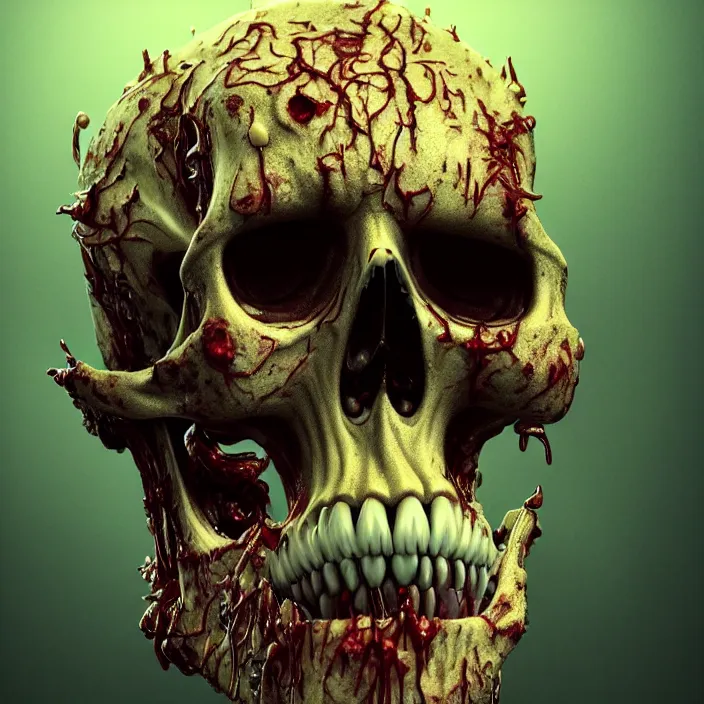 Image similar to portrait of a melting skull. razor sharp teeth. infected with zombie fungus. intricate abstract. intricate artwork. nightmare fuel. by Tooth Wu, wlop, beeple, dan mumford. octane render, trending on artstation, greg rutkowski very coherent symmetrical artwork. cinematic, hyper realism, high detail, octane render, 8k, iridescent accents