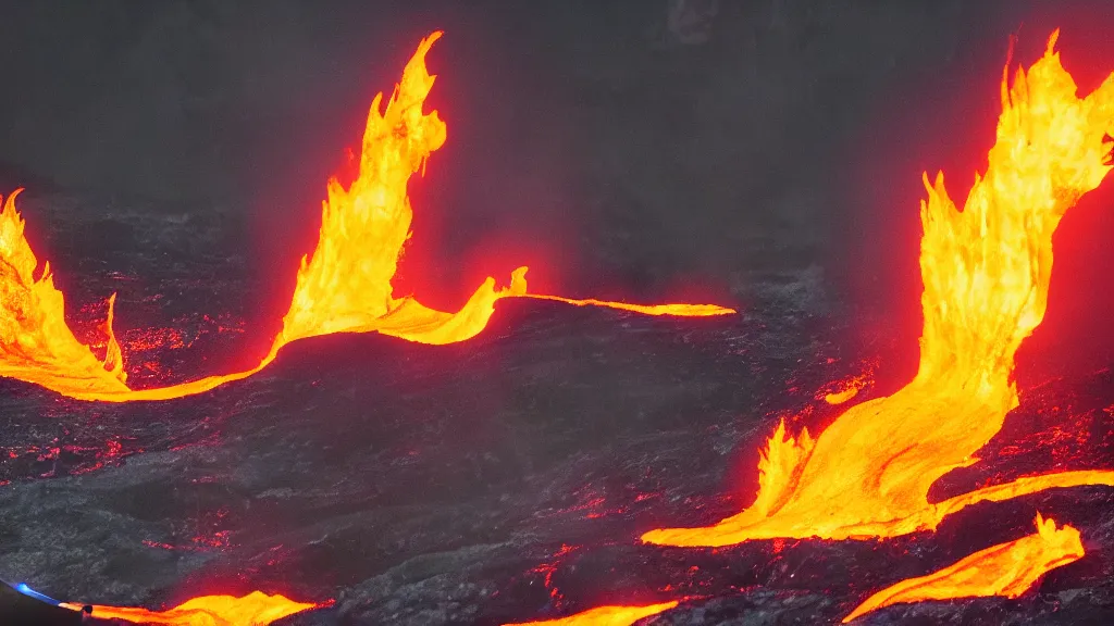 Image similar to medium shot of a person wearing a sponsored team jersey surfing down a river of lava on the side of a volcano on surfboard, action shot, dystopian, thick black smoke and fire, sharp focus, wide angle shot