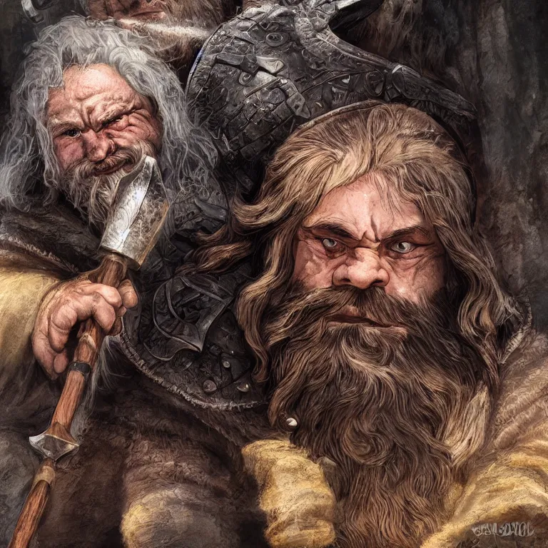 Image similar to dwarf with hammer in mountains, lord of the rings style, fantasy, poster, character portrait, portrait, close up, concept art, intricate details, highly detailed, full body, 8 k, detailed face, body