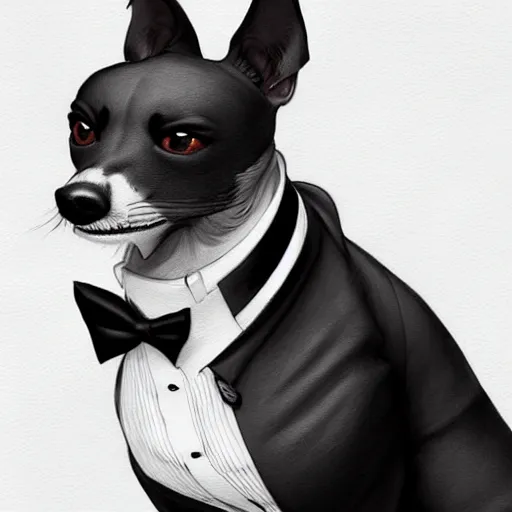 Prompt: an anthropomorphic dog wearing a tuxedo suit,Character design by charlie bowater, ross tran, artgerm, and makoto shinkai, detailed, inked, western comic book art, 2021 award winning painting,photorealistic,detailed face,professional lighting,studio photograph,hyperdetailed,deviantart,artstation