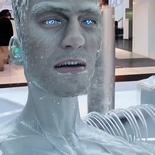 Image similar to made of ice, a realistic detailed photo of a guy who is an attractive humanoid who is half robot and half humanoid, who is a male android, on display, blank stare, showing off his muscles, shiny skin, posing like a statue, by the pool, frozen ice statue, f 1 driver max verstappen, humanoid robot