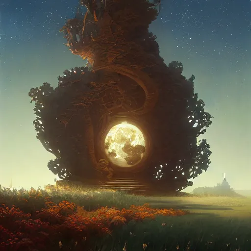 Image similar to highly detailed painting of the moon, unreal engine, fantasy art by greg rutkowski, loish, rhads, ferdinand knab, makoto shinkai and lois van baarle, ilya kuvshinov, rossdraws, tom bagshaw, alphonse mucha, global illumination, radiant light, detailed and intricate environment