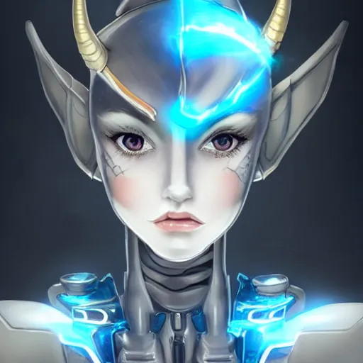 Image similar to epic concept art of a close bust shot of a cute and beautiful anthro female robot dragon standing in front of the camera, has two adorable blue eyes on a smooth draconic head with two horns, a sleek yet elegant design, with two big epic wings behind her, two arms, the background is of the beach at night; high quality digital art, artstation, deviantart, furaffinity, high quality detail