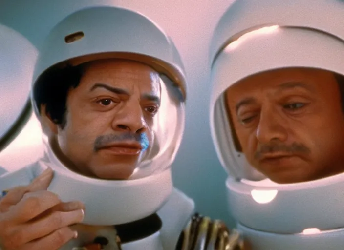 Image similar to film still of young old Cheech Marin with HAL as Dr. Dave Bowman in 2001 A Space Odyssey