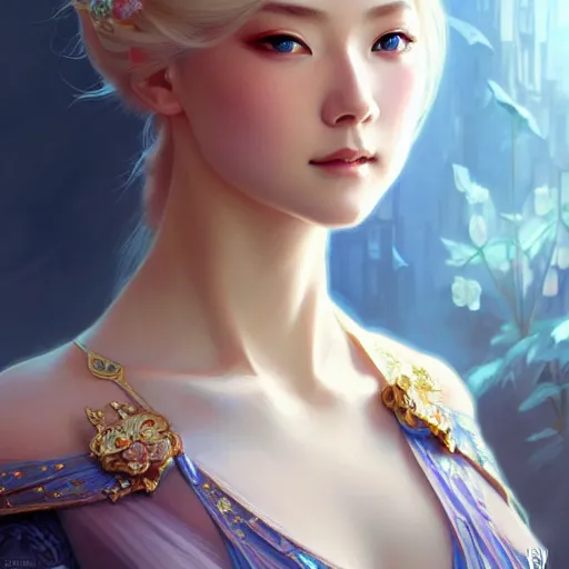 Image similar to elegant Chinese princess, D&D, blue eyes, blonde hair, fantasy, intricate, elegant, highly detailed, digital painting, artstation, concept art, smooth, sharp focus, illustration, art by artgerm and greg rutkowski and alphonse mucha