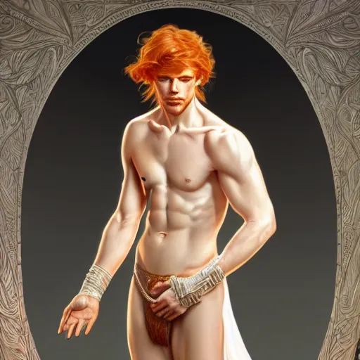 Image similar to beautiful natural male ginger angel wearing a white loincloth, intricate, elegant, highly detailed, digital painting, artstation, concept art, smooth, sharp focus, illustration, art by artgerm and greg rutkowski and alphonse mucha and loish and WLOP