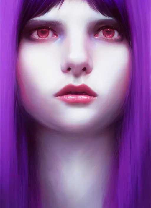 Image similar to hair whitebangs hair, black hair, whitebangs, portrait of teenage girl with white bangs, red irises, purple clothes, white bangs, bangs are different color from hair, intricate, elegant, glowing lights, highly detailed, digital painting, artstation, concept art, smooth, sharp focus, illustration, art by wlop, mars ravelo and greg rutkowski