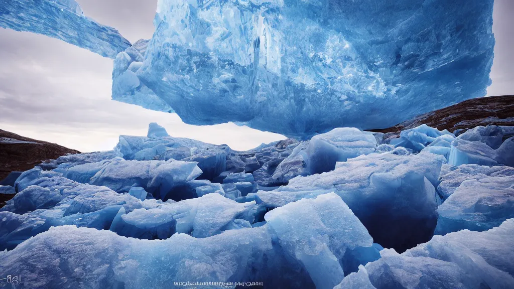 Prompt: blue icebergs of the frigid north, dramatic, ultra - wide angle, long exposure, ultra - hd, beautiful lighting, ray tracing ambient illumination, in a symbolic and meaningful style, heavenly perspective, trending, award wining, featured, concept art, hyper realism