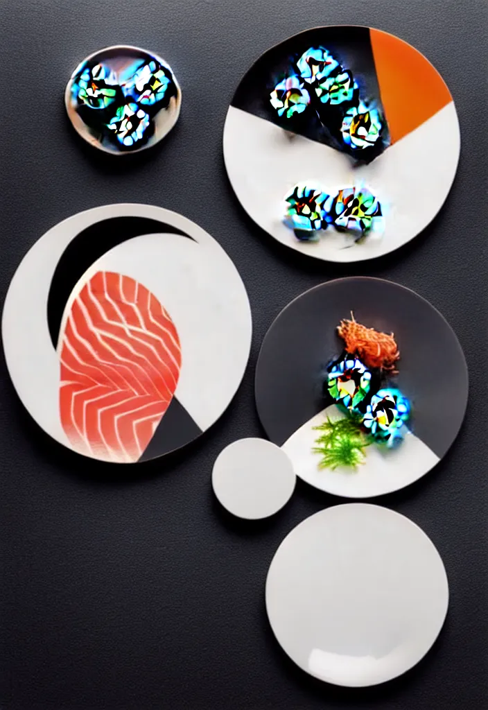 Image similar to a single plate of sushi, hyper minimalist geometric graphic design in the style of buro destrukt and die gestalten verlag