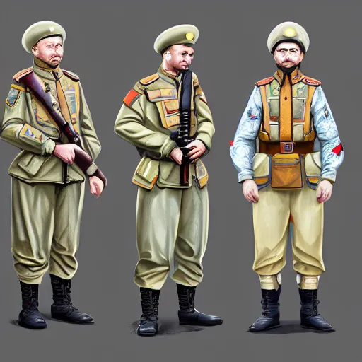 Image similar to ukrainian soldiers in traditional uniform, happy, concept art, trending on artstation, highly detailed, intricate, sharp focus, digital art, 8 k