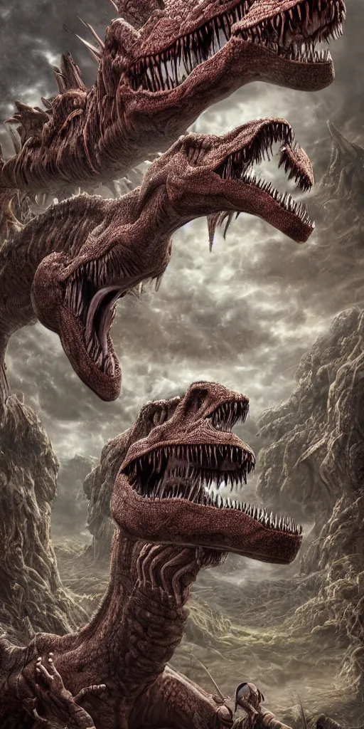 Image similar to Dinosaur vs medusa gorgon, realistic, detailed, highly detailed, hyper detailed, high definition, beautiful composition, trending on artstation, award-winning photograph, masterpiece, intricate, portrait, 8k highly professionally detailed, HDR, CGsociety