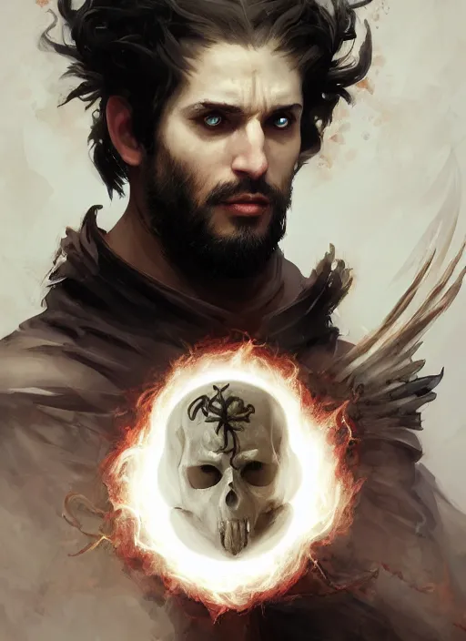 Image similar to character concept portrait of an attractive young angry Spanish wizard with pale white skin and wearing parital skull mask while enchanting a flaming seduction spell, a floating burning spell book in the center, intricate, elegant, digital painting, concept art, smooth, sharp focus, illustration, from Metal Gear, by Ruan Jia and Mandy Jurgens and William-Adolphe Bouguereau, Artgerm