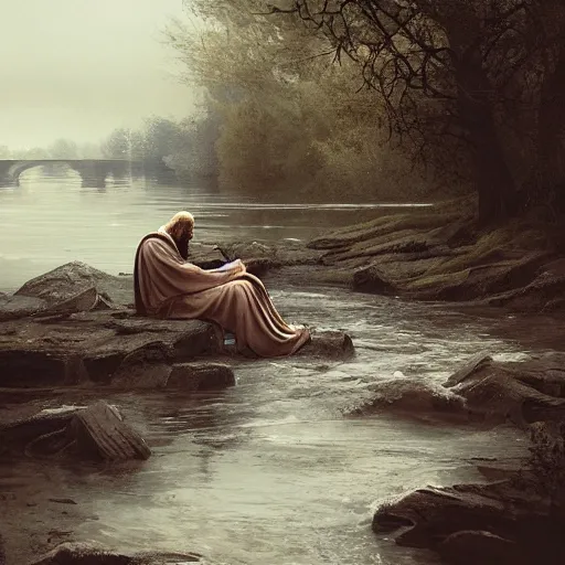 Image similar to jesus sitting by the river fishing, exudes terror, castle, mysterious breath, spitfire, photography, hyperrealistic, by greg rutkowski, smooth, illustration, elegant, artstation, digital painting.