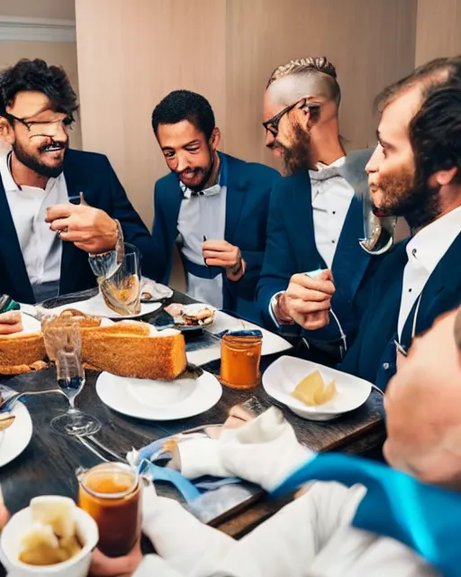 Image similar to a group of well dressed gentleman eating blue toothpaste toasts in a fancy restaurant,