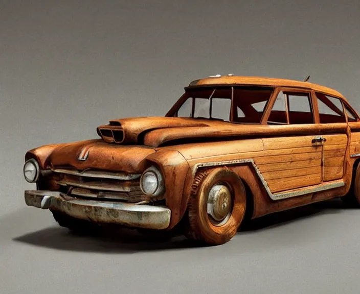 Image similar to a wooden sculpture of a vintage car from fallout 4, digital art by studio ghibli and greg rutkowski, beautiful, cute, hyperrealism artstyle, amazing lighting