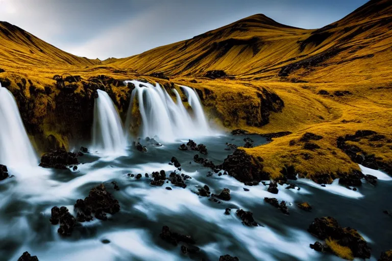 Image similar to photo of a landscape with mountains with waterfalls and snow on top, wallpaper, iceland, new zeeland, professional landscape photography, sunny, day time, beautiful