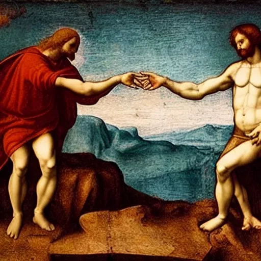 Image similar to the creation of adam by leonardo davinci