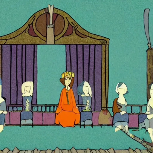 Image similar to a warrior princess sitting in her court, in the art style of cartoon saloon.