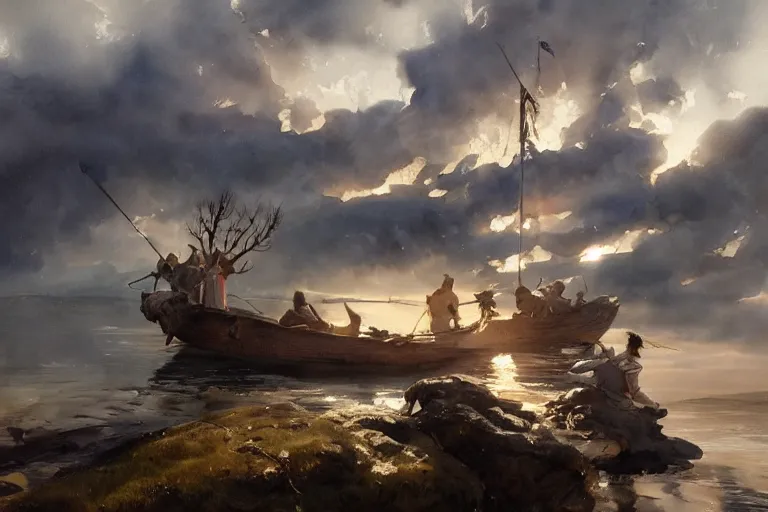 Prompt: watercolor painting of scandinavian mythology, magical, ambient lighting, art by hans gude, art by hans dahl, by jesper ejsing, art by anders zorn, wonderful masterpiece by greg rutkowski, cinematic light, american romanticism by greg manchess, creation by tyler edlin, heavy clouds and sun