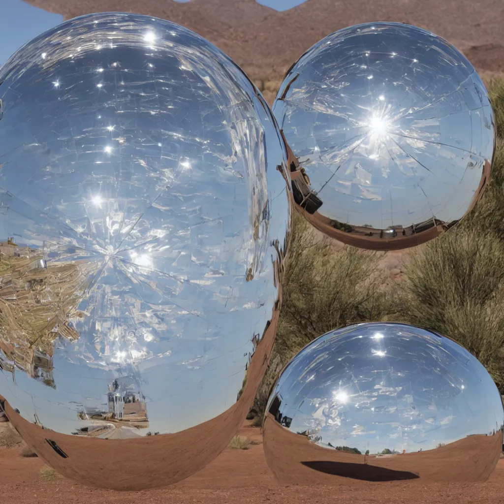 Image similar to a large metallic ball with a mirror finish sits in the arizona desert