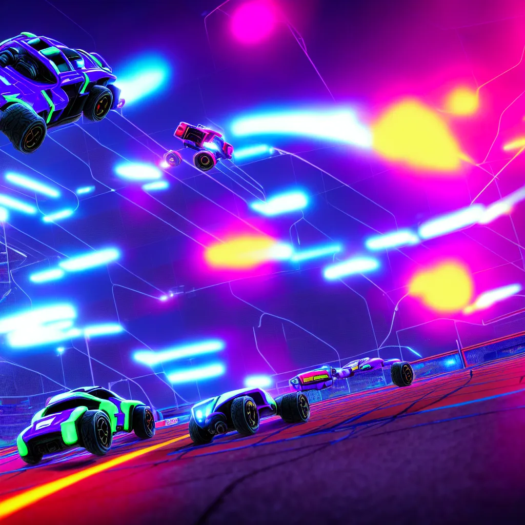 Prompt: rocket league octane, 4 k render, cinema 4 d, hyper realistic, cyberpunk neon lighting,