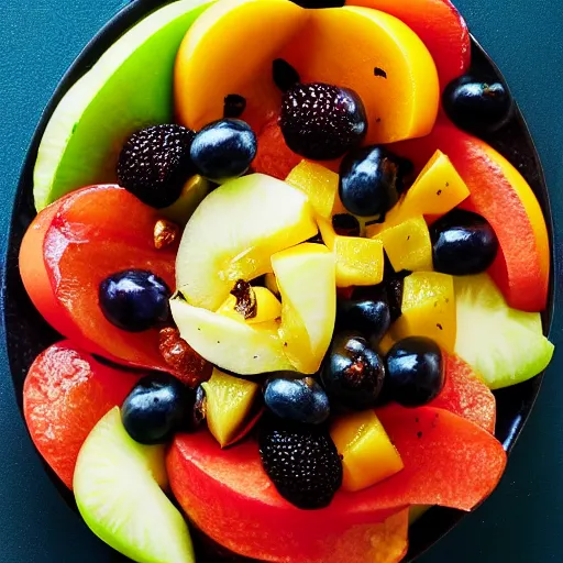 Prompt: a mouth - watering sharon fruit salad served with garlic dressing, 8 k resolution, food photography, studio lighting, sharp focus, hyper - detailed