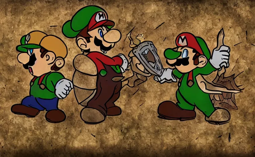 Image similar to mario and luigi as dark souls bosses, eldritch art, gothic medieval boss, epic battle, dual fight, cinematic art, character portrait, boss encounter, dangerous, fallen mushroom kingdom, castle ruins and demented goombas