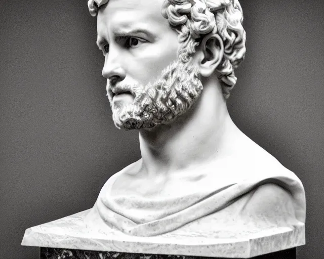 Image similar to a high quality photograph ryan reynolds as a roman marble bust. cinematic lighting.