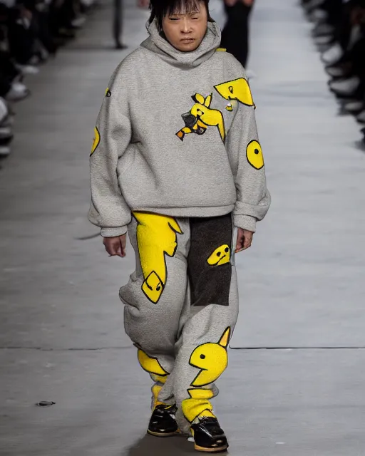 Image similar to hyperrealistic and heavy detailed 2321s Yeezy runway show of Pikachu , Leica SL2 50mm, vivid color, high quality, high textured