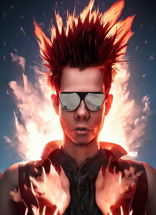 Image similar to An epic fantasy comic book style portrait painting of young man with long red spiked hair. Wearing a black waistcoat, white shirt, using googles. Blasting fire on his hands. Unreal 5, DAZ, hyperrealistic, octane render, cosplay, RPG portrait, dynamic lighting