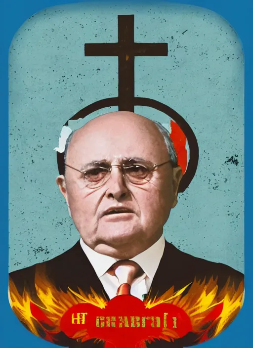 Image similar to comrade gorbachev in hell, infernal icon with halo, color art in church style 4 k