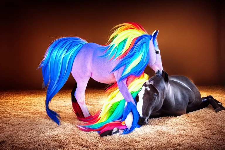 Image similar to Rainbow_Dash, Horse laying down, Professional equine photography with mood lighting, Equestria