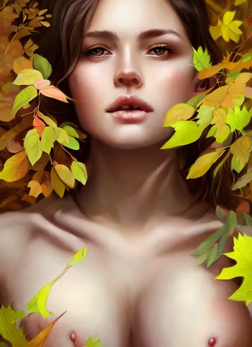 Prompt: a beautiful female photo, professionally retouched, soft lighting, standing in a forest with chest covered with leaves, realistic, smooth face, perfect eyes, wide angle, sharp focus on eyes, 8 k high definition, insanely detailed, intricate, elegant, art by artgerm and wlop